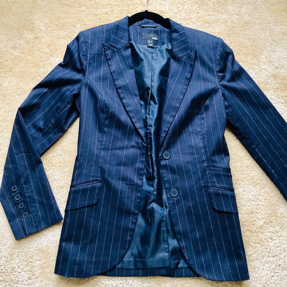 H&M Striped Navy Blue Blazer Jacket Buttoned Pockets Suit Womens Navy Striped 6